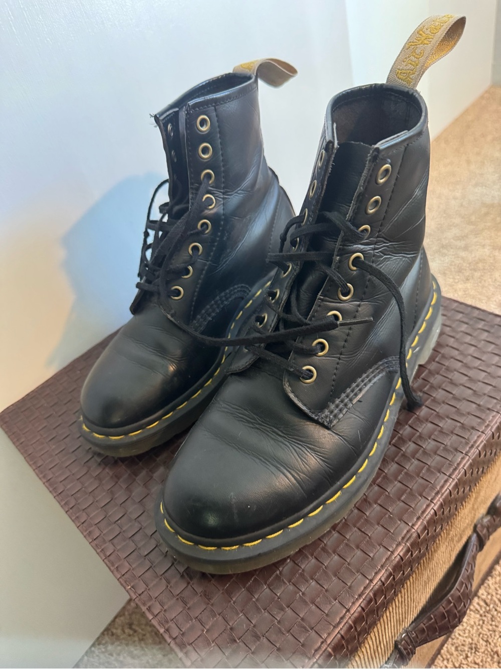 Dr. Martens Black Leather 8-Eye Boots with Yellow Stitching